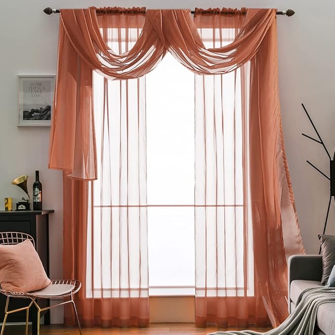 MIULEE Sheer Window Scarf Valance Extra Long Topper Terracotta Elegant Swag Curtains Luxury Draping Fabric for Wedding Arch Party Ceremony Canopy Bed Fall Decor, 37'' x 216'' One Panel, Burnt Orange