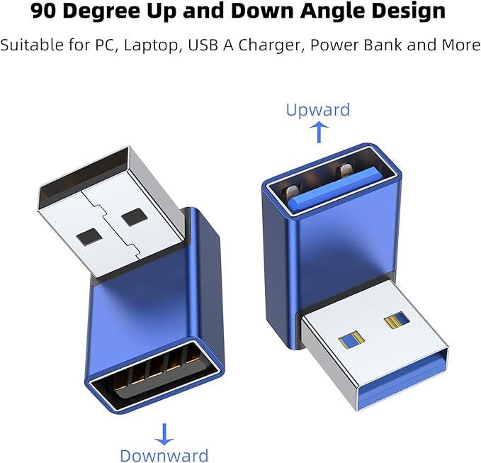 AreMe 90 Degree USB 3.0 Adapter 2 Pack, Up and Down Angle USB A Male to Female Converter Extender for PC, Laptop, USB A Charger, Power Bank and More (Blue)