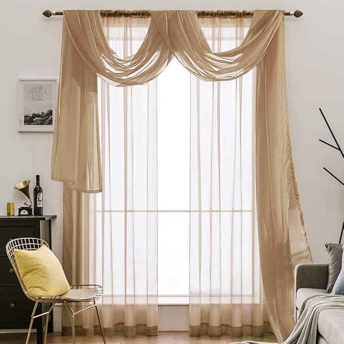 MIULEE Luxury Window Scarf Sheer Voile Elegant Topper Long Valance Solid Treatment Swags Drapes for Window Ceremony Wedding Canopy Bed 54" x 216" Brown 1 Piece