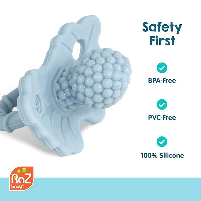 RaZbaby RaZberry Silicone Teether Pacifier – Teething Relief for Infants, Food-Grade, BPA-Free, Hands-Free, Natural Berrybumps Fruit Texture for Sensory Development, Freezable, 2-Pack - Tan & Grey