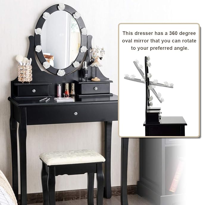 Giantex Vanity Set with Lighted Mirror, Makeup Table with 10 Rose Light, Modern Dressing Desk with Cushioned Stool, 3 Drawers and 360° Rotating Mirror for Bedroom, Vanity Table with Stool (Black)