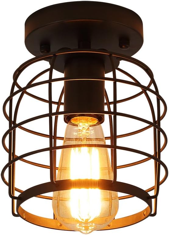 Create For Life® Industrial Vintage Flush Mount Ceiling Light,Rustic Metal Cage Pendant Lighting Lamp Fixture for Hallway Stairway Kitchen Garage, E26, Black Painting Finish