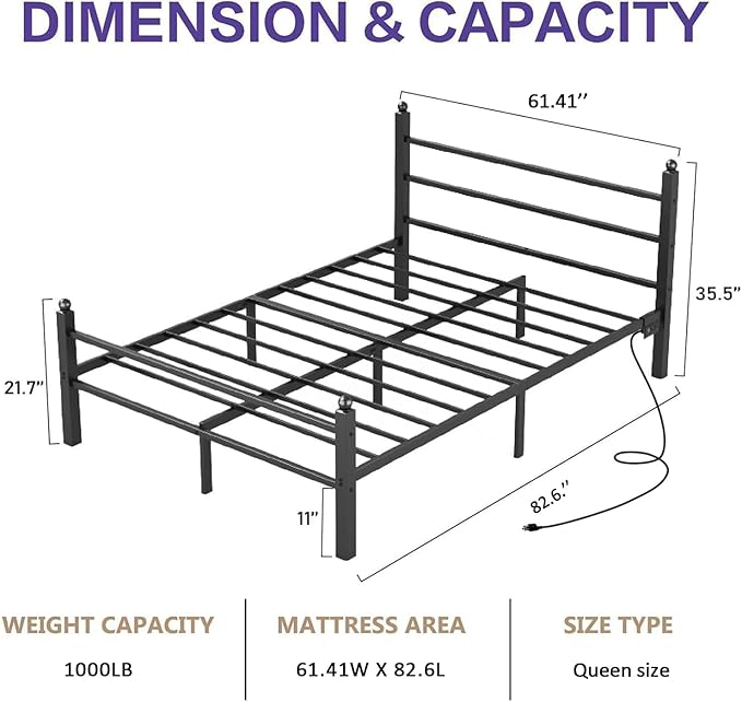 Queen Bed Frame with Headboard and Footboard, Metal Bed Frame with Charging Station and LED Lights, Under Bed Storage, No Box Spring Needed,Noise Free, Black