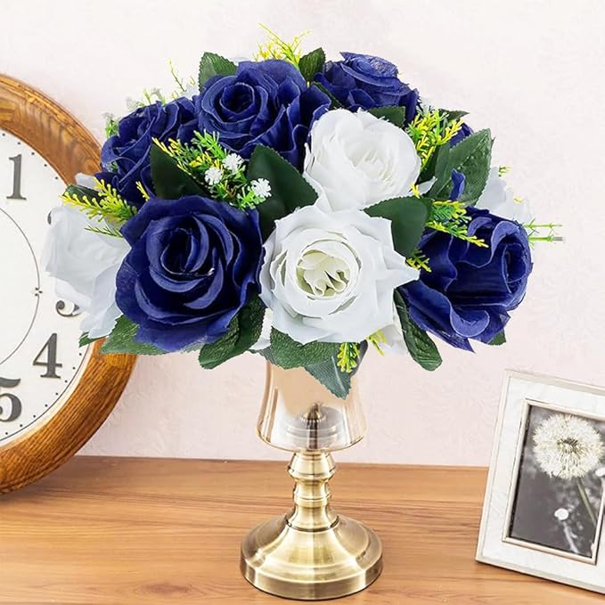 10Pcs Fake Flower Ball Arrangement Bouquet, 9.5" 15 Heads Plastic Roses with Base,Suitable for Parties Valentine's Day Wedding Centerpiece Flower Rack and Home Décor (Navy Blue & White)