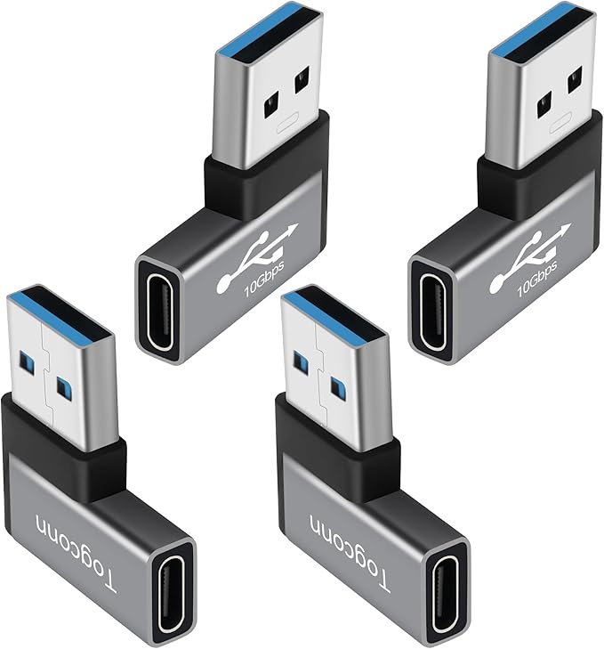 90 Degree USB to USB C Adapter 10Gbps, 4-Pack Right Angle Type-C (Female) to USB-A (Male) Converter Extender Support Charge & Data Transfer Compatible with Computers, Tablet, Laptop