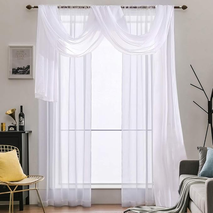 MIULEE Luxury Sheer Voile Elegant Window Scarf Topper - Long Valance Solid Treatment Swags Drapes for Ceremony, Wedding, Canopy Bed - 54" x 216" White 1 Piece