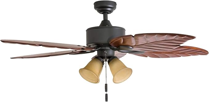 Honeywell Ceiling Fans Royal Palm, 52 Inch Tropical LED Ceiling Fan with Light, Pull Chain, Three Mounting Options, Hand Carved Solid Wood Blades - Model 50503-01 (Bronze)