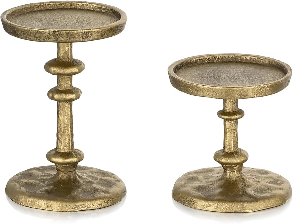 NUPTIO Gold Candle Holders for Pillar: Antique Brass Cast Iron Candleholder for 3 Inch Pillars -Heavy Metal Candle Stand for Christmas Party Table Decor