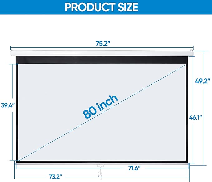Smartxchoices 80" 16:9 HD Manual Projector Screen with Auto Lock Anti-Crease Home Theater Office Wall Mounted Ceiling Pull Down Projection 1.1 Gain Matte White,View Size: 72 x 40 inches