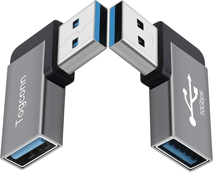 90 Degree USB Adapter 10Gbps,2-Pack Right Angle USB-A Male to Female Connector Converter L-Shape Extender, Support Charge & Data Sync for PC, Laptop, Mouse, Keyboard
