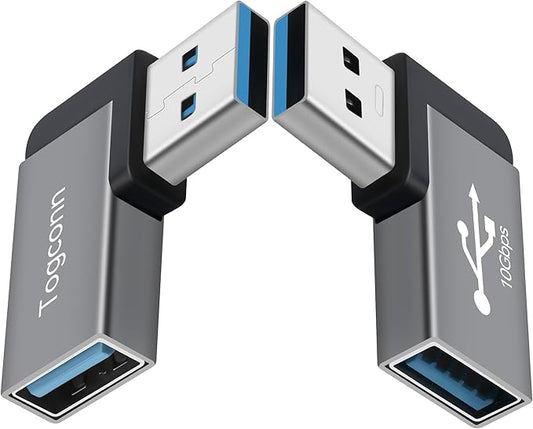 90 Degree USB Adapter 10Gbps,2-Pack Right Angle USB-A Male to Female Connector Converter L-Shape Extender, Support Charge & Data Sync for PC, Laptop, Mouse, Keyboard