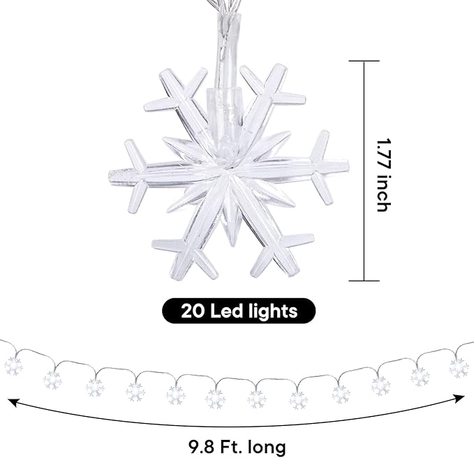 DomeStar White Snowflake String Lights, 9.8Ft 20LED Christmas String Lights for Indoor Outdoor Xmas Tree Decorations Winter Party Garden Patio