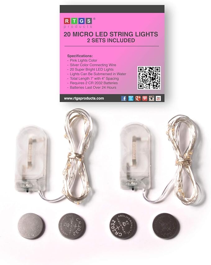 2 Sets 20 LEDs Pink Color String Lights Silver Wire Indoor and Outdoor 6.5 Feet Firefly Starry Fairy Lights Battery Powered for DIY, Christmas, Holidays, Party, Bedroom and Centerpieces