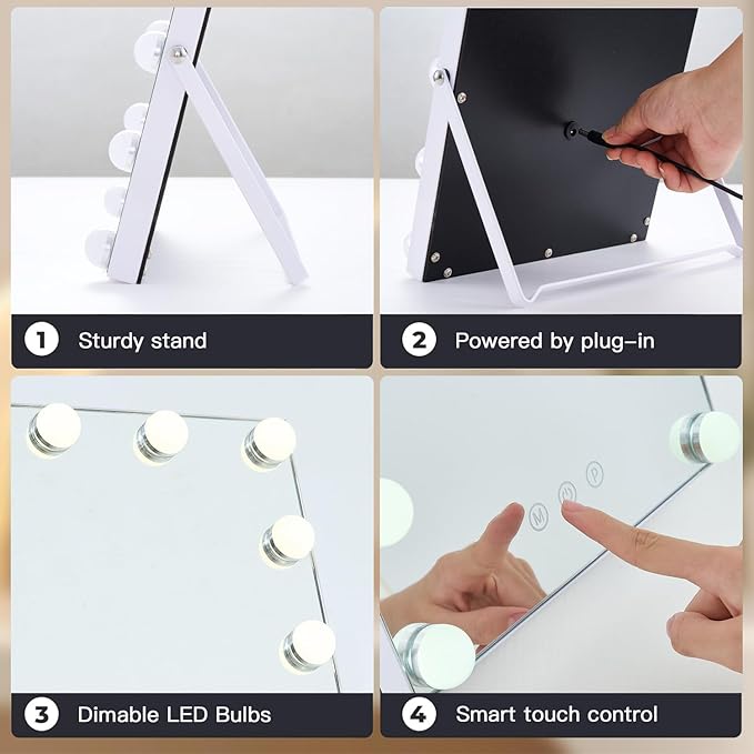 Lighted Makeup Mirror, Hollywood Vanity Mirror with Lights, Makeup Mirror with Lights for Desk, 3 Color Modes and 12 Dimmable Bulbs, Smart Touch Control