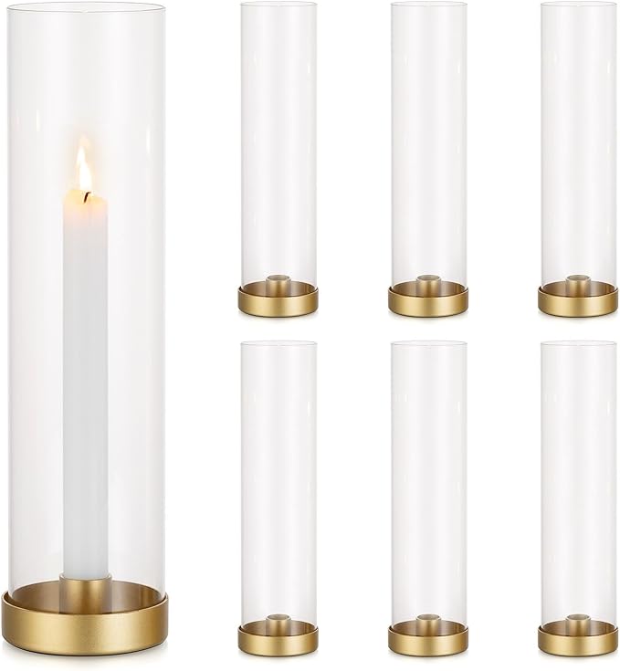 Romadedi Glass Hurricane Candle Holders Gold - 12 Inch Taper Candlestick Holder Bulk Clear Glass Cylinder Table Centerpiece Wedding Decor Party Birthday Christmas Home Decorations, Set of 6