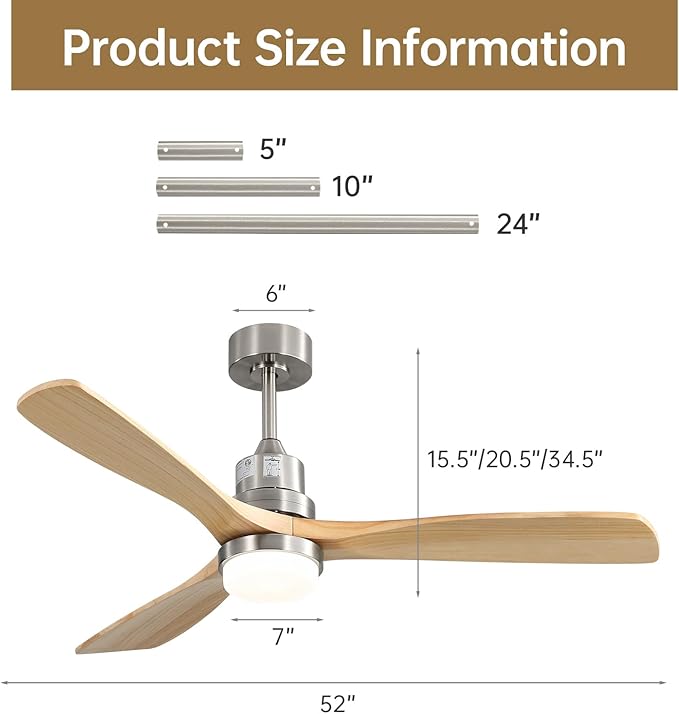 Sofucor 52 Inch Ceiling Fans With Lights, Solid Wood Indoor/Outdoor Ceiling Fan with Lights Remote Control, Reversible DC Motor, 3 Blade Modern Ceiling Fan Light for Bedroom Patio Farmhouse