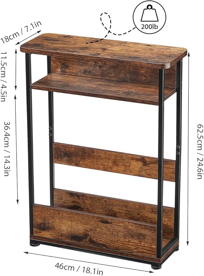 Vintage Narrow Side Table with Storage Shelf, 3 Tier Slim End Table Modern Sofa Table for Narrow and Small Spaces, 24.6 Inch Height Bedside Table Small Nightstand with Magazine Rack/Brown