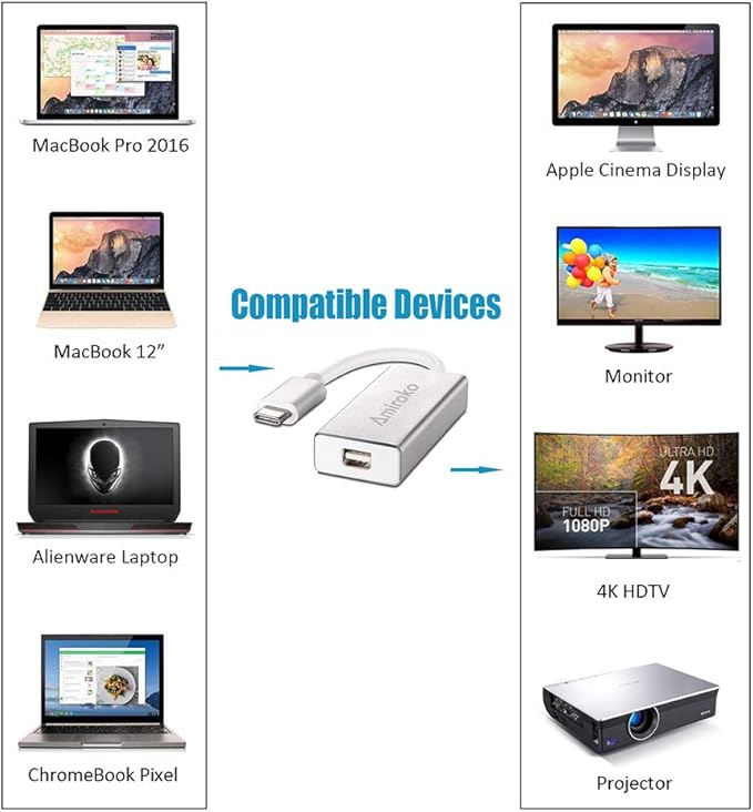 USB-C to Mini DisplayPort Adapter, USB 3.1 Type C to Mini DP Adapter Support 4K, 1080P Compatible with MacBook Pro, MacBook 12", Alienware, to LED Cinema Display/Dell Monitor etc, Silver
