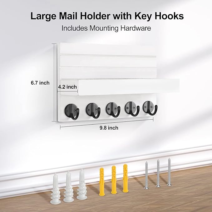 Key Holder for Wall, Decorative Key and Mail Holder with Shelf Has Large Key Hooks for Bags, Coats, Umbrella – Paulownia Wood Key Hanger with Mounting Hardware (9.8”W x 6.7”H x 4.2”D)