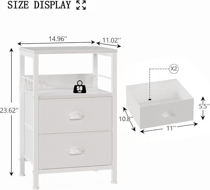 Furologee Nightstand Bedside Table with 2 Fabric Drawers, White Side Table with 2-Tier Shelf, Night Stand with Hooks, for Bedroom, Living Room, Backboard Design, Wooden Top, Metal Frame, White