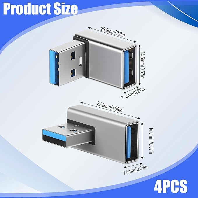 90 Degree USB 3.0 Adapter 4 Pack, L Shape Extender Left and Right Angle and Up and Down Angle USB A Male to Female Converters Extend Laptops for PC, Laptop, Power Bank (Grey)