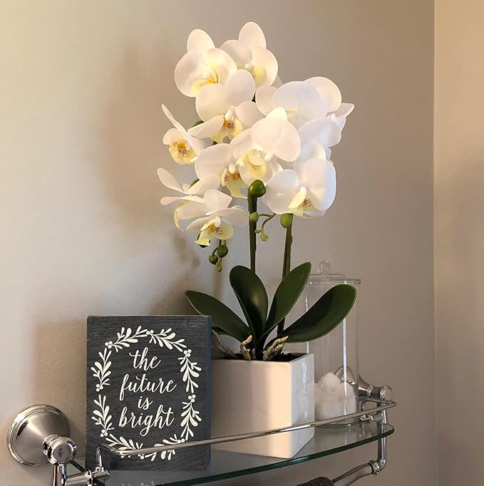 Orchids Artificial Fake Flowers with Vase for Table Centerpieces, Fake Orchids in Pots Orquideas Real Touch Flowers Large Vivid Faux Phalaenopsis White Orchid Plant Indoor Room Decoration