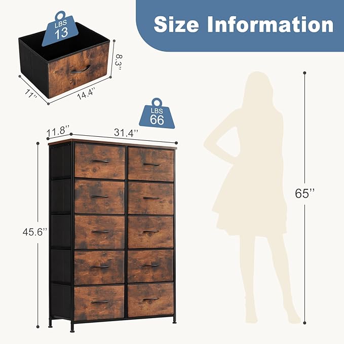 DUMOS Dresser for Bedroom, 10 Storage Drawers, Wide Fabric Closet Chests Organizer Tower Furniture with Wooden Top Metal Frame for Clothes, Guest Room, Living Room, Hallway, Entryway