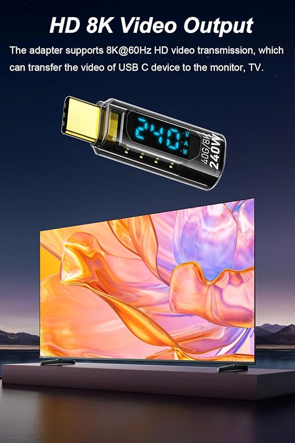 2 Pack USB C Adapter with Digital Display, PD 240W USB-C Male to Female Connector for iPhone 15 Series, iPad, MacBook, Support Voltage, Current and Power Smart LED Display (Transparent)