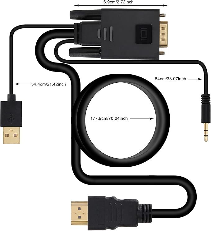 VCOM VGA to HDMI Cable 6Ft, VGA to HDMI Adapter with USB Power and Audio, 1080P@60Hz PC VGA Source Output to TV/Monitor with HDMI Connector, Male to Male for Computer Desktop Laptop Monitor Projector