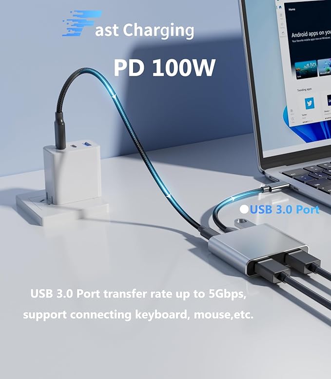 USB C to Dual HDMI Adapter |4K60Hz HDMI Splitter Extended Display for Dual Monitors,100W PD,USB 3.0 Port Converter Compatible with Laptop,Tablet,Graphics Card