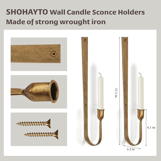 Wall Candle Holder Set of 2, Metal Wall Mount Candle Sconces Holder, Modern Wall Decoration for Living Room, Dining Room, Fireplace, and Weddings (Golden)