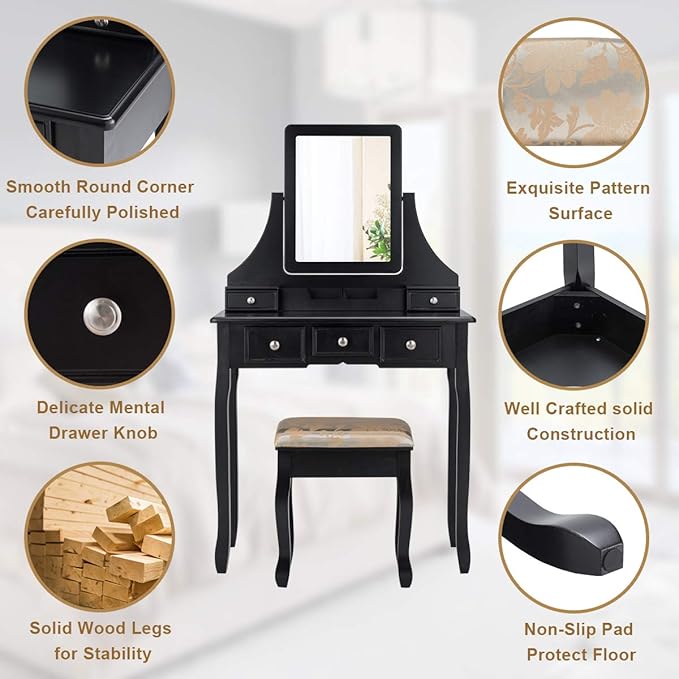 CHARMAID Makeup Vanity Set with Mirror and Cushioned Stool, Dressing Table with 5 Drawers and Removable Storage Organizers, Bedroom Makeup Table with Stool for Women Girls (Black)