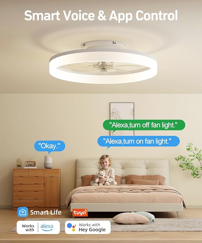 Smart Ceiling Fans with Light and Remote,20'' Low Profile Ceiling Fan with 6-Speed & Dimmable LED, Alexa/APP Home Voice Control, App, Reversible Airflow, App Timer, for Beedroom（White）