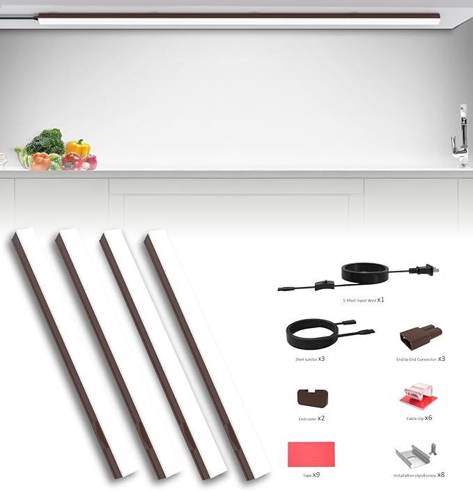 Under Cabinet Lighting Plug in, 16 Inch 4 Pcs, Linkable AC120V 3CCT 3000K/4000K/5000K Ultra Slim, LED Under Cabinet Lights for Counter Light, Kitchen, Shelf, Sink, Workshop, Desk, Bronze