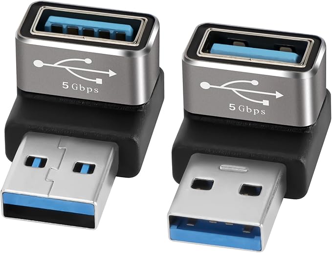 90 Degree USB 3.0 Adapter 2 Pack, (Up and Down) Right Angle USB Type-A Male to Female USB L Shape On The Go (OTG) Connector Extender Support Charge & Data Sync (5Gbps) for PC, Laptop, Mouse, Keyboard