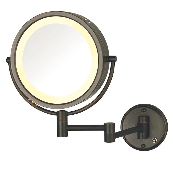 JERDON Two-Sided Wall-Mounted Makeup Mirror with Lights - Direct-Wired Lighted Makeup Mirror with 8X Magnification - 8.5-inch Diameter Mirror with Bronze Finish Wall Mount - Model HL75BZD