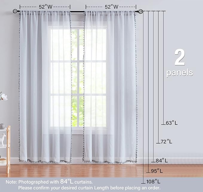 Treatmentex Pom-Pom Grey Sheer Curtains for Canopy in Girls Bedroom 84inches Long Linen Textured Sheer Drapes for Windows 2 pc