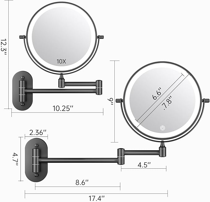 FASCINATE Rechargeable Wall Mounted Lighted Vanity Mirror 8 Inch 1X/10X Magnifying Makeup Mirror with 3 Color Lights, Double Sided Dimmable, 360 Degree Screen Touch,Bathroom Shaving Mirror (Black)