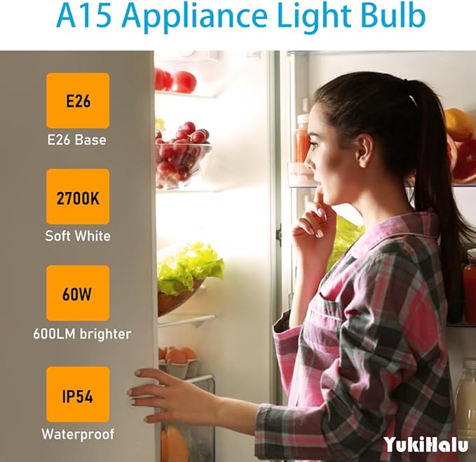 YukiHalu, A15 Appliance Light Bulb, 60W Equivalent for Range Hood/Refrigerator Light Bulb/Ceiling Fan Light, 600 Lumens 7W 120V 2700k Soft White E26 Base, Waterproof, Not Dimmable, 2-Pack