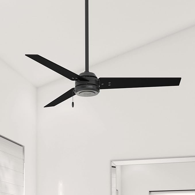 Hunter 52 inch Outdoor or Indoor Ceiling Fan No Light - Black Ceiling Fan without Light, For Patio, Porch, Garage, or Living Room, Standard Mount, 3 Blades, Pull Chain - Cassius 59264, Matte Black