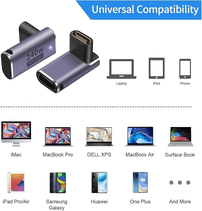 USB C 90 degree, Right Angle Adapter, Female to Female Adapter 240W PD, 40Gbps and 8K video]supports Thunderbolt 4/3 cable for laptops, tablets and phones (2 packs) (240w Up angle usb c adapter)