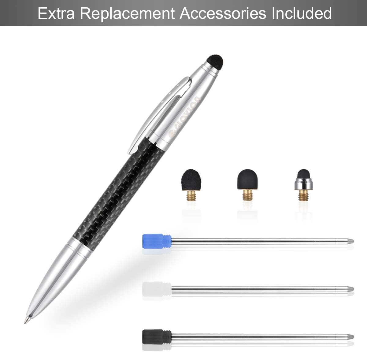 Glovion Multicolor Ballpoint Pen with Stylus Tip, 2 in 1 Carbon Fiber Ink Writing Pens with 3 Replacement Tips