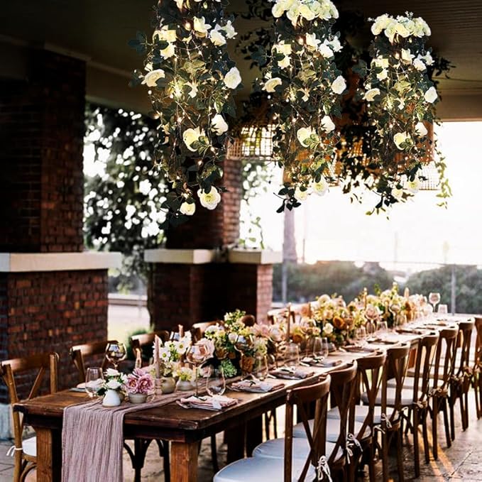 RECUTMS Artificial Plants Hanging 2Pieces 3.3Ft Rose Plant Flowers Vines Wedding (White)