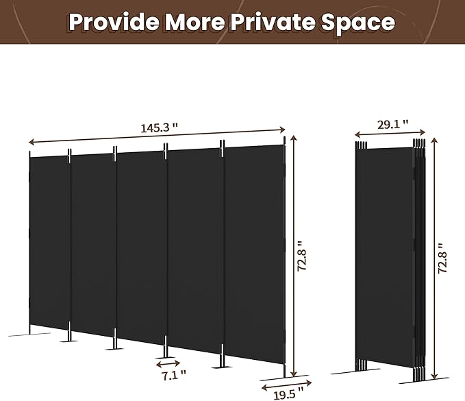 JAXPETY Room Divider 5 Panel Privacy Screen Wall Dividers for Room Separation Flexible Partition Folding Portable Room Partition for Office 145" W x 73" H, Black