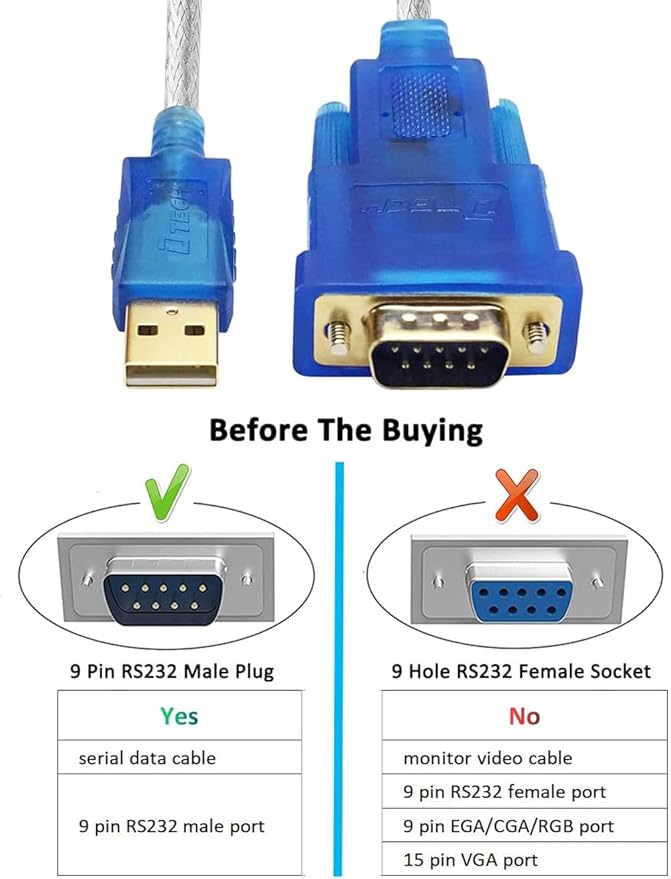 DTECH USB to Serial Adapter Cable 16 ft DB9 Male RS232 to USB Cord with FTDI Chip Supports Windows 11 10 8 7 Mac Linux (5m)