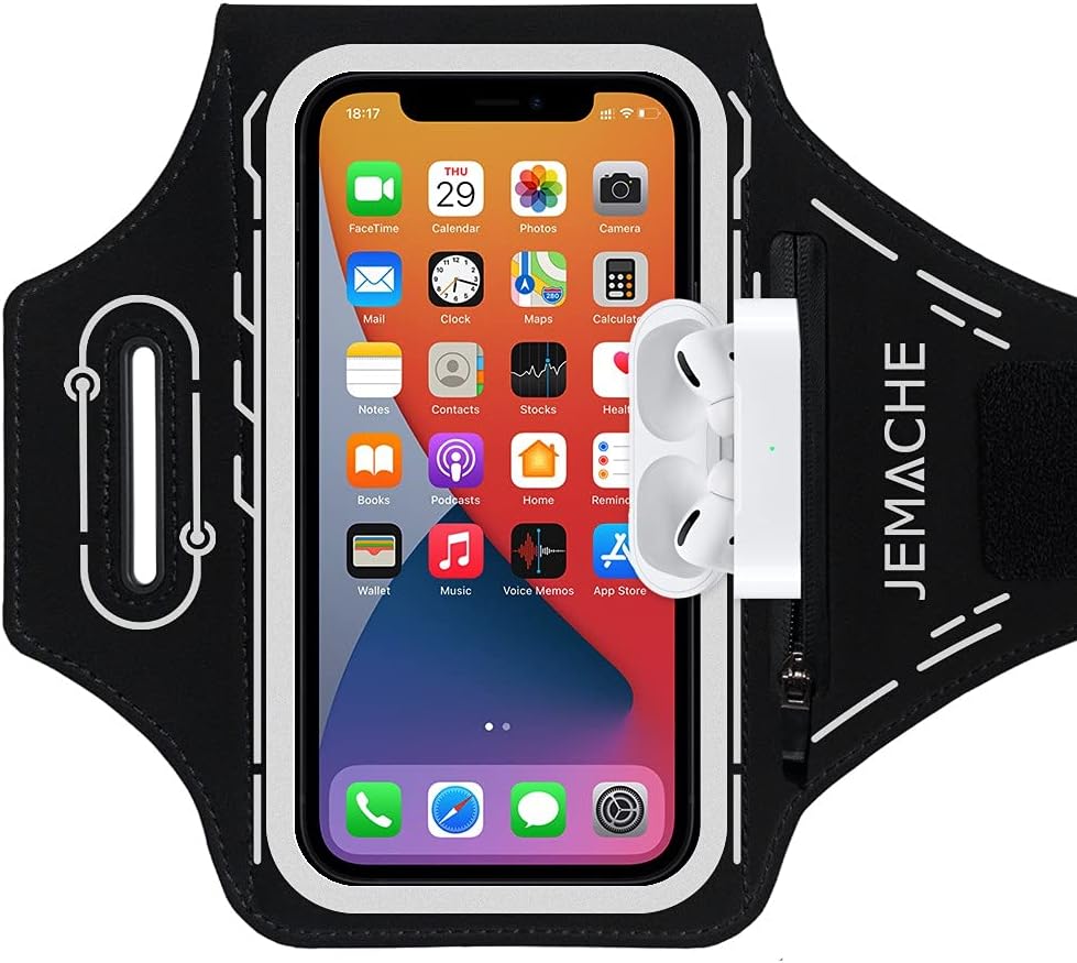 JEMACHE Running Armband for iPhone 12 Pro, 13, 14, 15, 16, Samsung Galaxy S21, S22, S23, S24, S25, Black Arm Band with