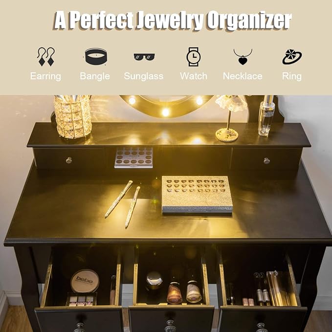 Giantex Vanity Table Set with 12 Lights Mirror, Bedroom Makeup Dressing Table with 360° Rotating Oval Mirror, 5 Drawers and Shelf, Modern Makeup Table with Cushioned Stool for Girls Women (Black)