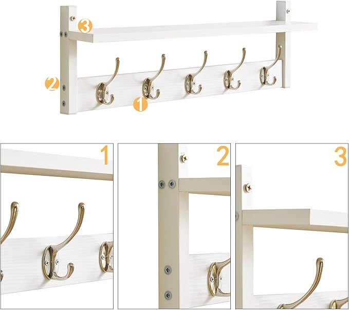 YMYNY Coat Rack Shelf Wall Mounted, Coat Hooks Set of 2, Entryway Coat Hanger with 10 Hooks, 47.2" Wall Floating Shelf with Hat Rack, for Kitchen, Bedroom, Bathroom, White HWS004W-2