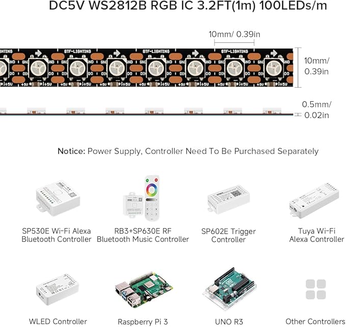 BTF-LIGHTING WS2812B RGB ECO LED Strip, Chasing Effects 5050SMD Individually Addressable 3.3FT 100 (2x50) Pixels/m Flexible Dream Color IP30 for Bedroom DIY Projects DC5V (No Adapter or Controller)