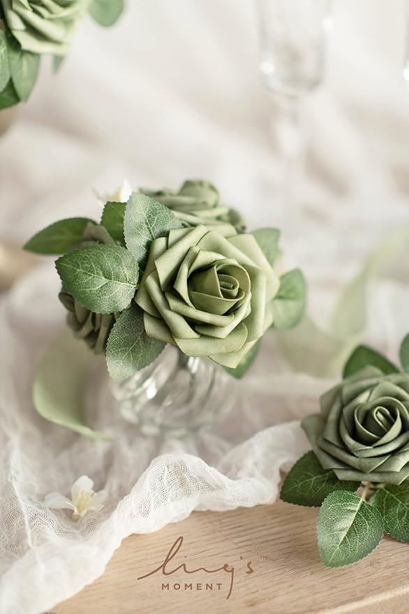 Ling's moment Artificial Flowers 25Pcs Elf Green Roses Decor w/Stems,3" Real Touch DIY Foam Floral for Wedding Bouquet/Centerpieces, Outdoors Party Backdrop, Room/Table, and Garden/Pot Decorations